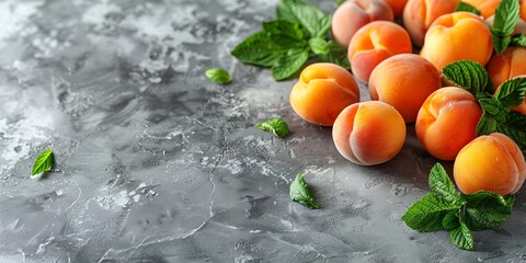 Fresh apricots and mint leaves spread on a textured gray surface.