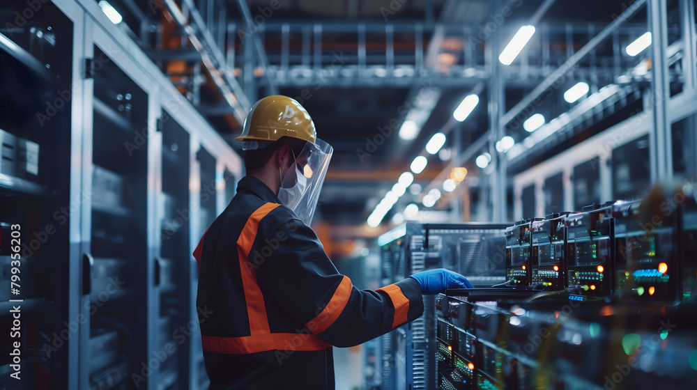 Aufkleber data center operations, technician maintaining servers. ensuring smooth digital world functioning, o
