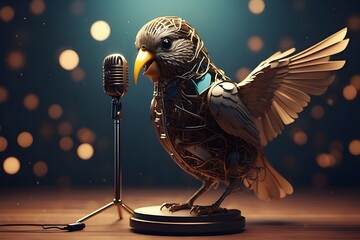 A bird singing into a vintage microphone is created by generative AI. Idea for a music festival or competition. - obrazy, fototapety, plakaty