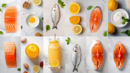 Detailed top-down view of a collage showcasing an array of Vitamin D-rich foods like oily fish, dairy, and fortified juices, beautifully captured in natural lighting