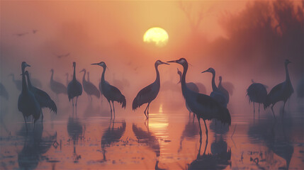 Common cranes waking up in around misty landscape with sun rising.