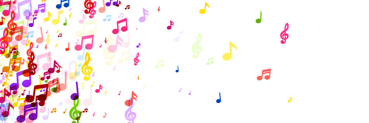 A panoramic view of rainbow-colored music notes creating a lively and dynamic visual symphony on a white background.