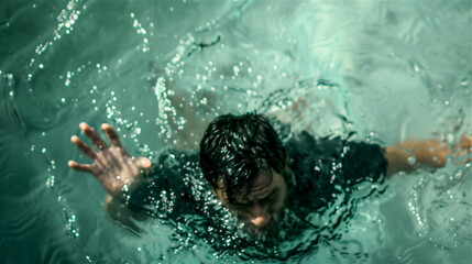 A drowning man tries to save himself.