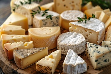 Various types of cheese with distinctive textures, arranged on a rustic wooden table, garnished with sprigs of rosemary, closeup view.