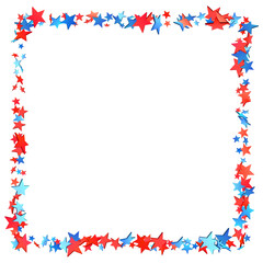 A square frame bordered with a vibrant assortment of red and blue stars, perfect for American-themed announcements or celebrations.