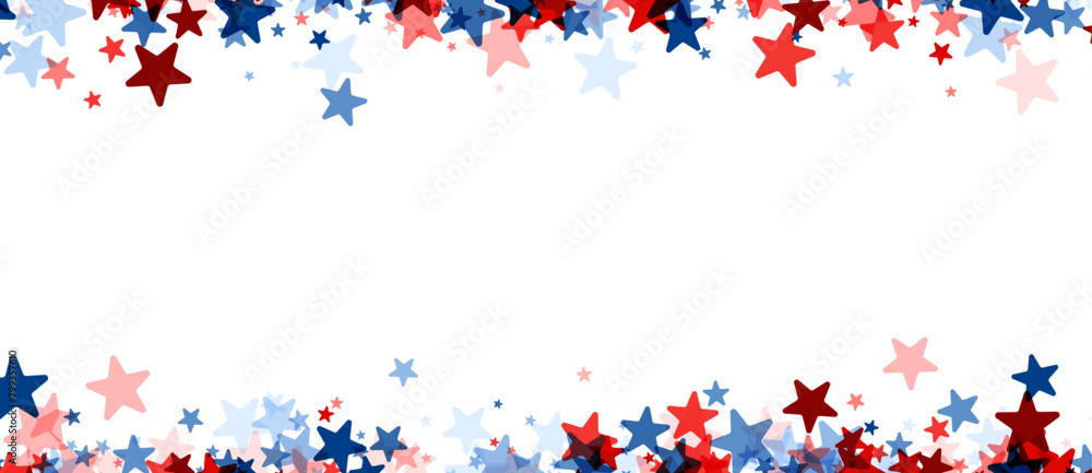 Poster a panoramic banner with a dense border of falling stars in shades of red and blue, creating a vibran