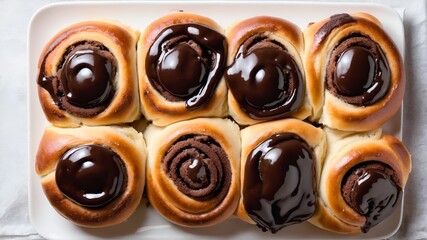 Top down view of delicious cinnamon rolls with rich chocolate glaze. Generated AI.
