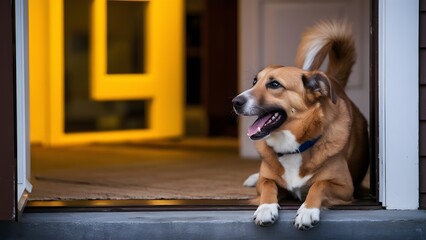 A touching image of a dog patiently waiting by the front door, tail wagging eagerly, for its owner to return home.