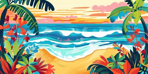 Fototapeta na wymiar Abstract Flat Illustration of a Tropical Beach, Featuring Stylized Waves, a Sandy Beach, and Exotic Flora in Bright Colors