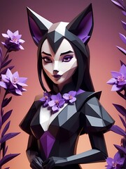 Low poly floral fox girl, purple generative AI illustration 