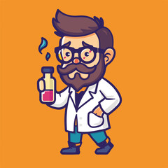 Professor mascot holding chemical liquid bottle