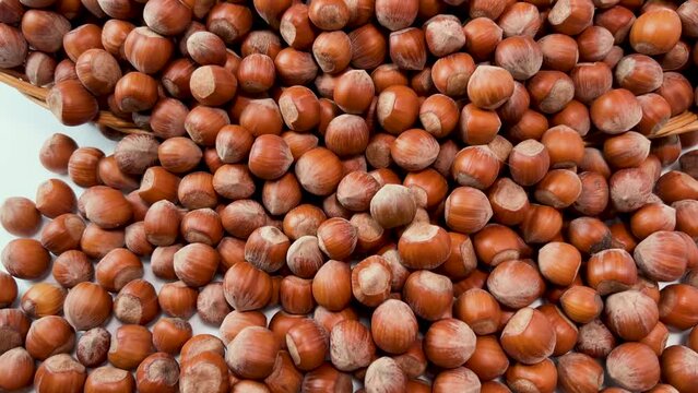 Hazelnuts come out of  wicker basket on white background, Dolly shot in top view on round gentle hazelnuts from Langhe, Italy