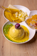 Peruvian food, seafood trio. on wooden table.