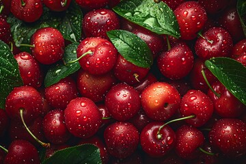 Close-up of fresh, ripe cherries with dew drops, surrounded by green leaves, displayed in a vibrant and dense arrangement.