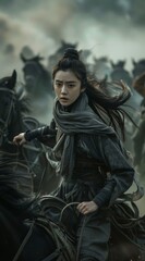 An intense depiction of a female warrior on horseback amidst a turbulent battlefield scene