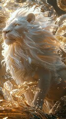 Golden Majesty, The Ethereal White Lion of Myth and Light, background high quality AI generated image