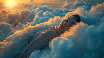 A serene and dream-like image capturing a young woman lying comfortably amidst a sea of soft clouds with the warm sun setting in the background