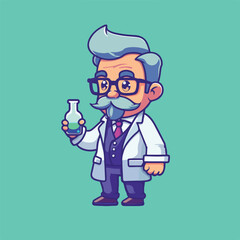 Professor mascot holding chemical liquid bottle