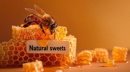 A bee on a honeycomb with the words "Natural sweets" on a sign.