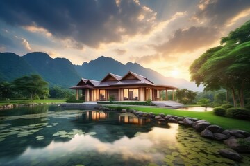 Fototapeta premium lake, travel, landscape, nature, house, water, green, tourism, sky, beautiful, forest, river, tree, reflection, blue, outdoor, architecture, summer, scenic, mountain, wooden, wood, building, trees, ol
