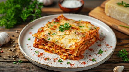 Plate of lasagna with melted cheese and fresh parsley