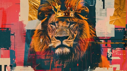 Obraz premium Regal Urban Lion king portrait. A Vibrant Fusion of Neon Artistry and Animal Majesty, background high quality AI generated image