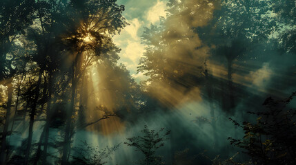 the sun's rays break through the crowns of trees in the forest