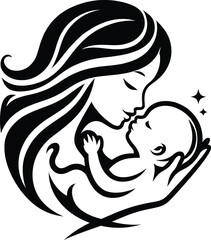 Silhouette mother with a child in her arms in nature. Vector illustration. Mother's Day