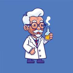 Professor mascot holding chemical liquid bottle