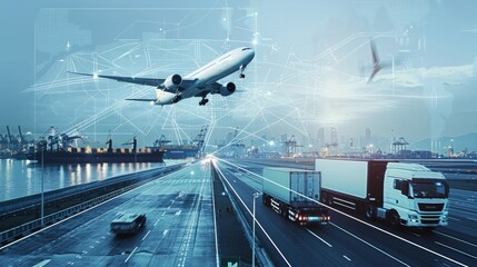 A bustling modern airport and cargo logistics scene with a plane, truck, and ship highlighting global trade and transportation