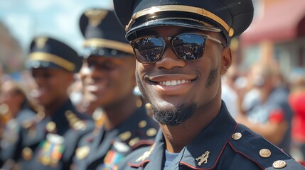 a Memorial Day parade, focus on the vibrant display of uniforms and marching bands, spectators clapping and cheering in the background