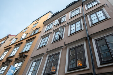 Sweden, vintage building in Stockholm, at Gamla Stan. Upper part of rental apartment. Under view