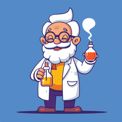 Professor mascot holding chemical liquid bottle