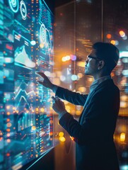 A sharply dressed man gestures towards virtual data screens that paint the air with glowing graphs...