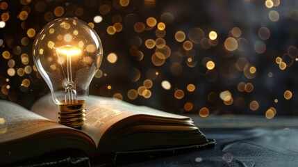 Glowing light bulb above open book with bokeh lights background - obrazy, fototapety, plakaty