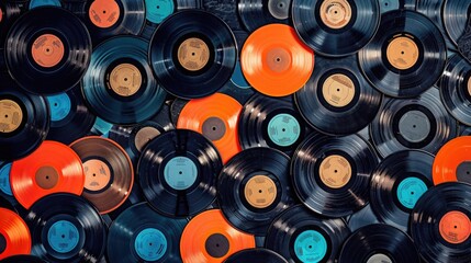Vinyl Records Pattern on a Retro Colored Background with Peacock Blue, Tangerine, and Almond Shades