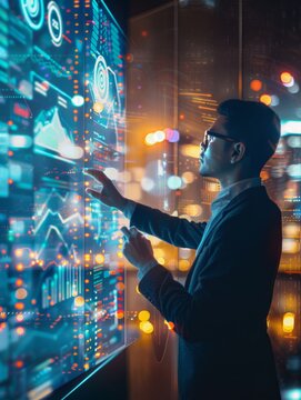 A sharply dressed man gestures towards virtual data screens that paint the air with glowing graphs and analytics