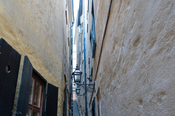Marten Trotzigs Grand Alley at Gamla Stan, Stockholm Sweden. Under view of narrow step and building.
