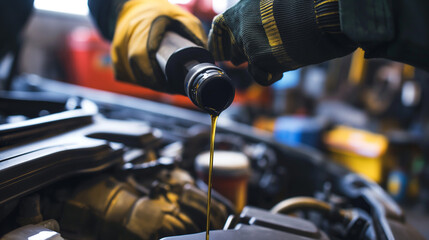 Experienced mechanic changing engine oil in a private car, in a professional garage setting, with tools and equipment neatly organized