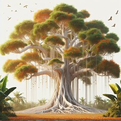 Beautiful big banyan tree, taller than other trees - obrazy, fototapety, plakaty