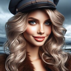 Young attractive girl with blond hair in a cap - obrazy, fototapety, plakaty