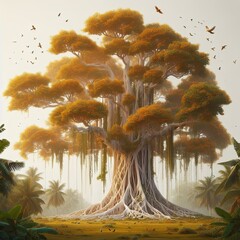 Beautiful big banyan tree, taller than other trees - obrazy, fototapety, plakaty