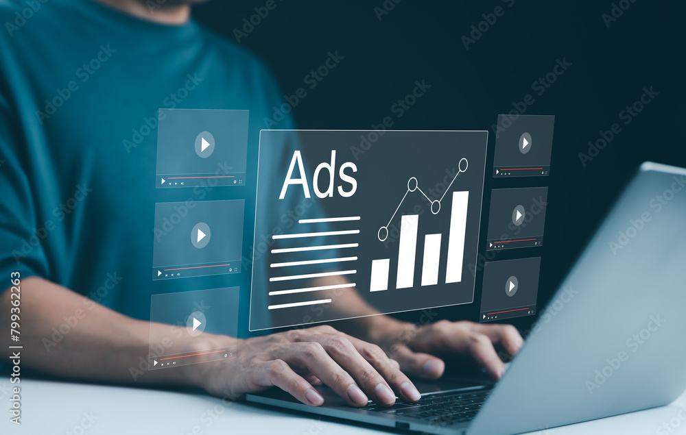 Poster digital advertising analytics and video ads campaigns. person using laptop analyzing digital ad perf
