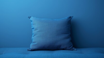  A detailed view of a blue pillow atop a bed against a backdrop of matching blue walls
