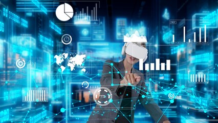 Woman reporter explaining dynamic market data calculated analysis pointing big data business by VR...