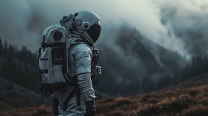 Astronauts embracing on alien terrain - obrazy, fototapety, plakaty