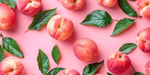 Multiple ripe peaches and green leaves arranged on a soft pink background, creating a fresh and vibrant presentation.