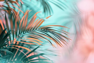 abstract background with pastel pink and green palm leaves. Summer vibes - obrazy, fototapety, plakaty