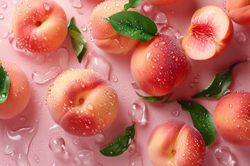 Several fresh, dew-covered peaches on a pink background, some cut exposing vibrant red centers.