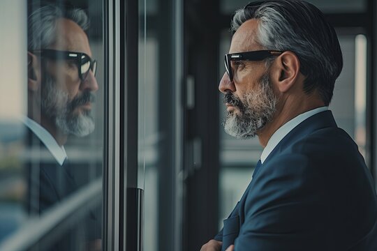 portrait of a business man in a suit with his reflection in a window contemplating about his future, personal growth concept